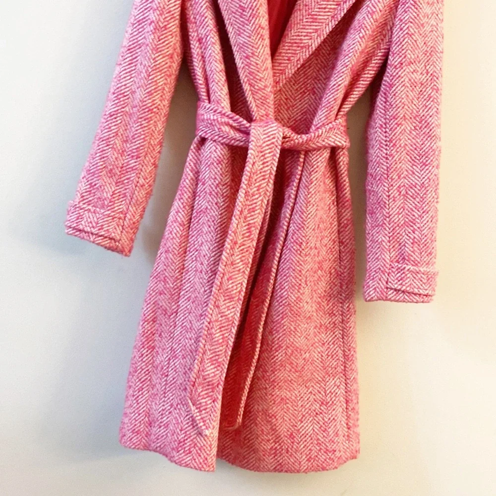 EXPRESS | Pink white tweed Barbicore wool winter coat trench women’s Small - Picture 7 of 8